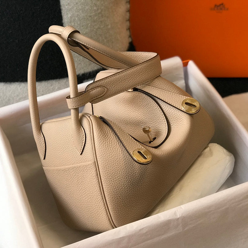 HM LINDY 30 BAG IN TAN BROWN CALFSKIN GOLD HARDWARE