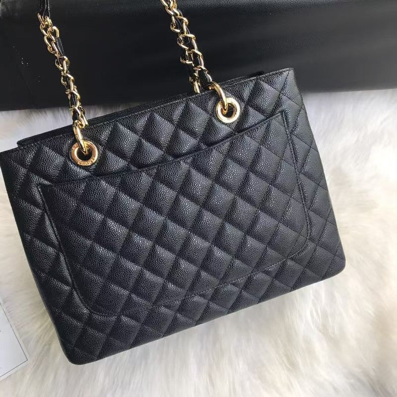 GST BLACK SPHERICAL LEATHER SHOPPING BAG WITH GOLD HARDWARE