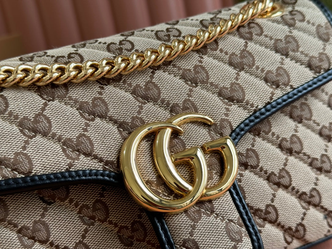 MARMONT MEDIUM SHOULDER BAG 26 IN BEIGE AND BROWN GG CANVAS BLACK CALFSKIN GOLD HARDWARE