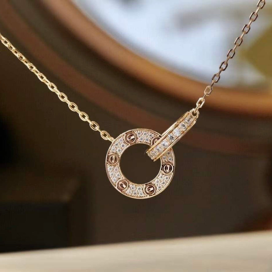 [Aurora]LOVE 7.6MM NECKLACE ROSE GOLD AND SILVER  FULL DIAMOND