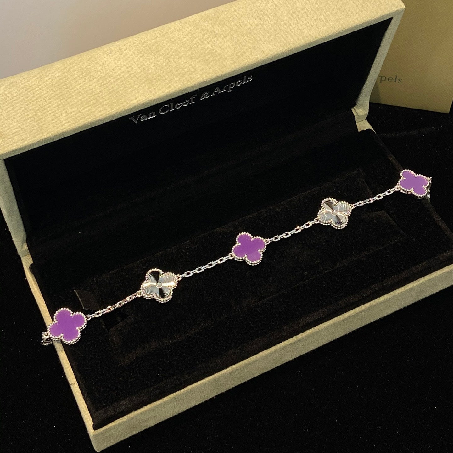 [AURORA]CLOVER  5 MOTIFS  PURPLE VIOLET BRACELET SILVER