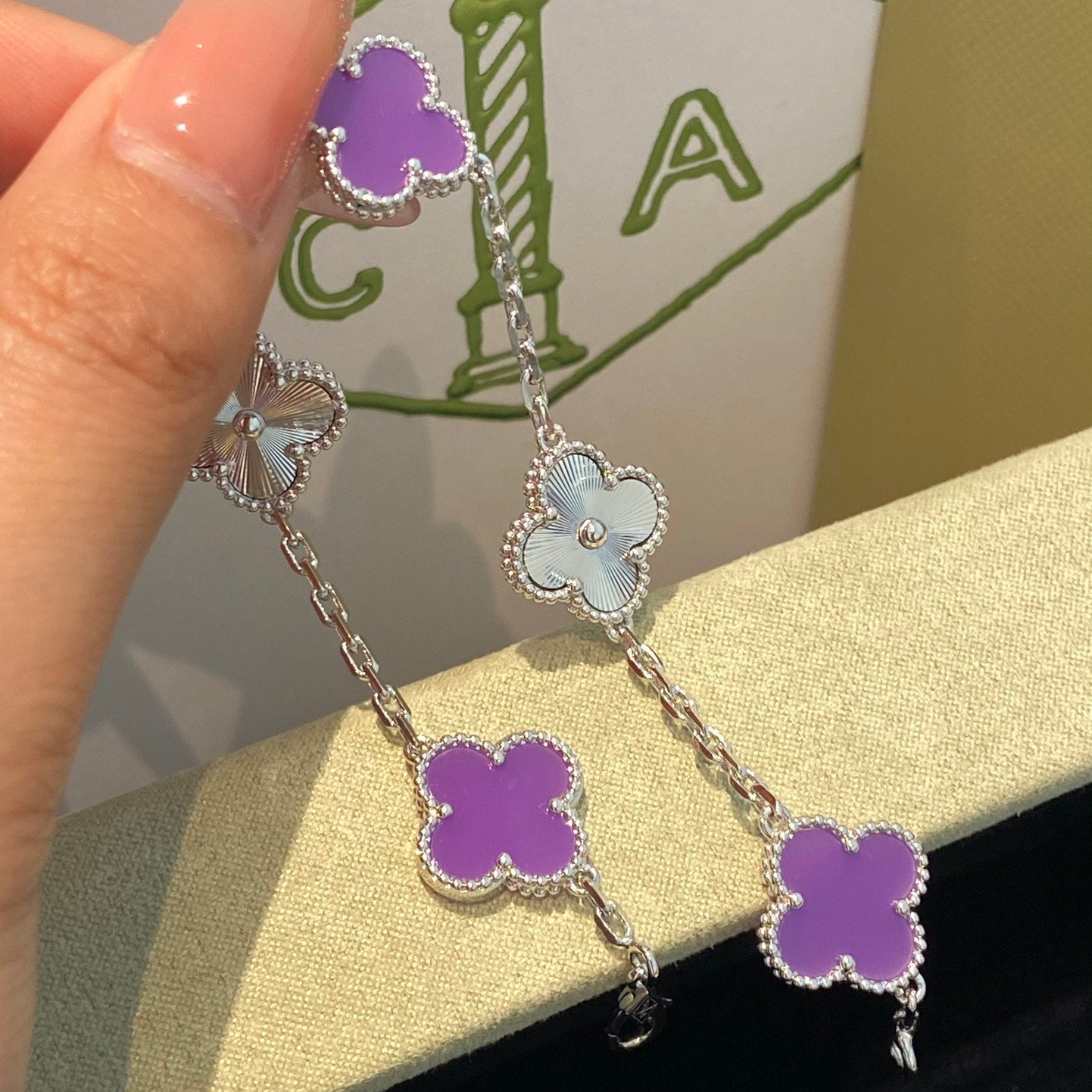 [AURORA]CLOVER  5 MOTIFS  PURPLE VIOLET BRACELET SILVER