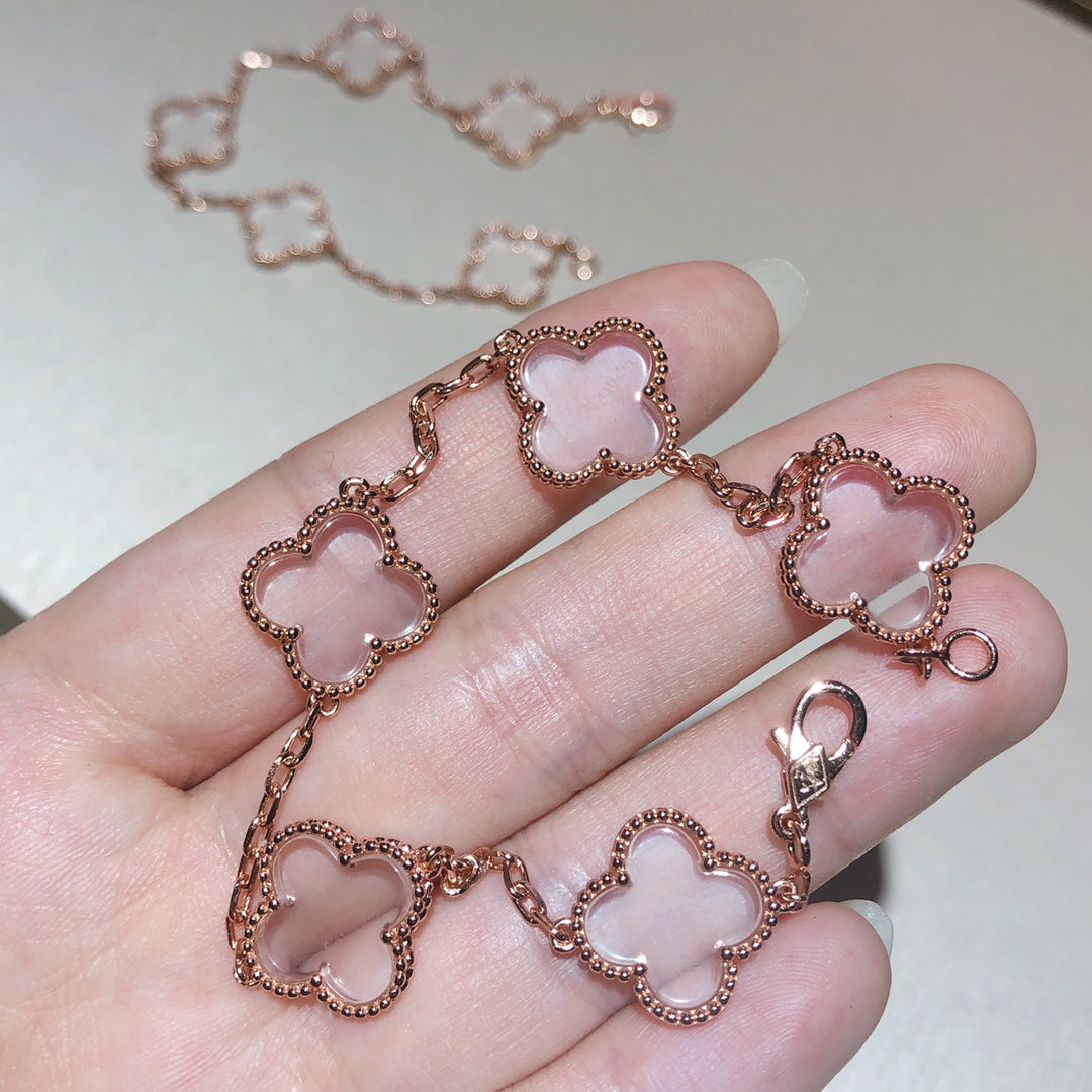 [Aurora]CLOVER 5 MOTIF ROCK CRYSTAL PINK GOLD BRACELET