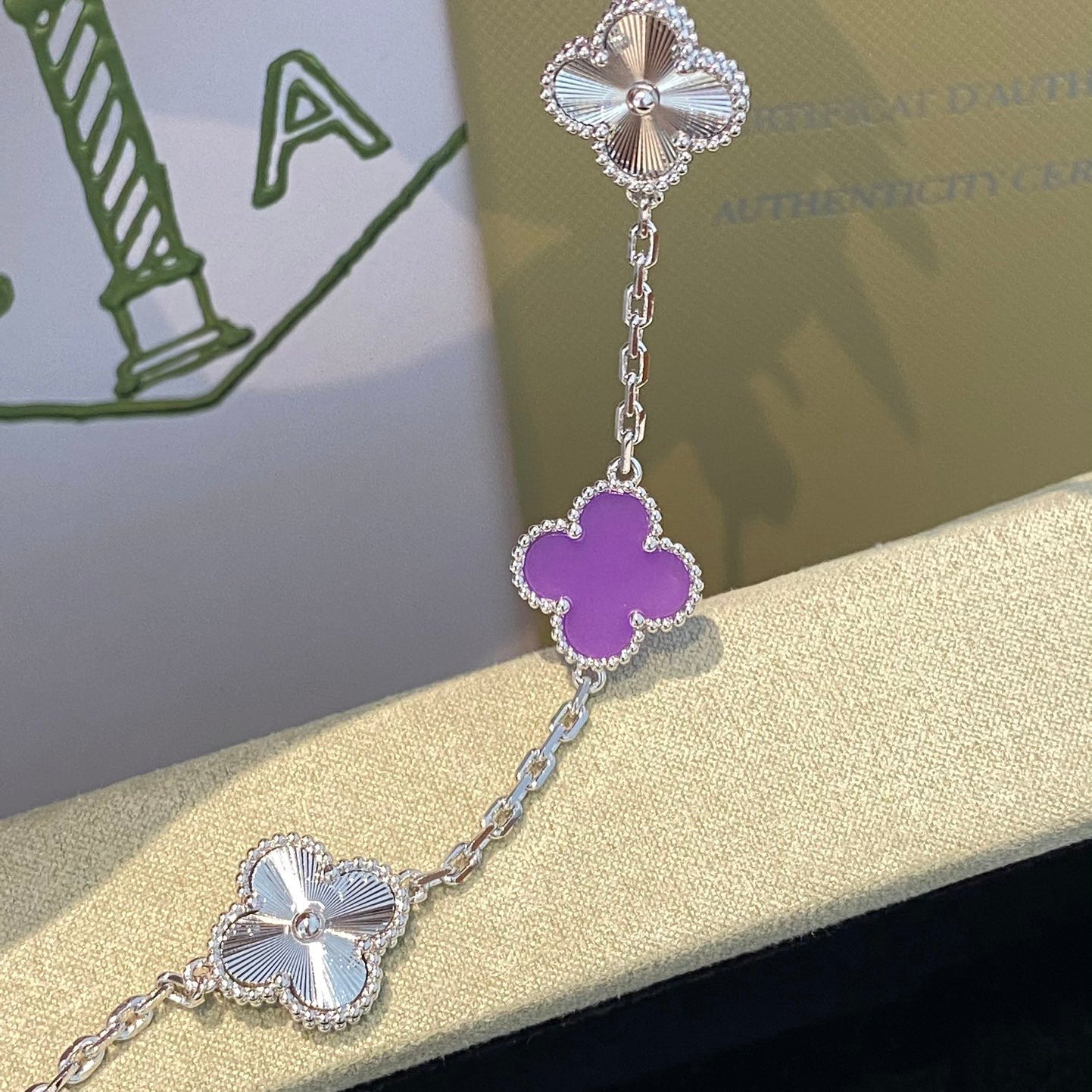 [AURORA]CLOVER  5 MOTIFS  PURPLE VIOLET BRACELET SILVER