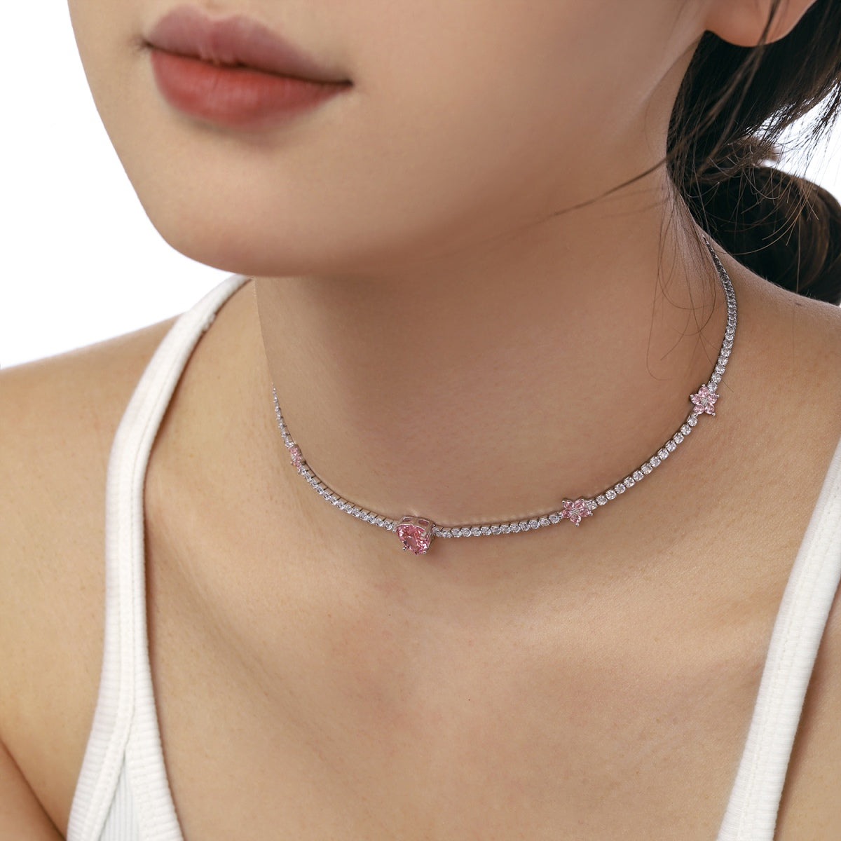 [Aurora]Dazzling Pink Heart Flower Necklace