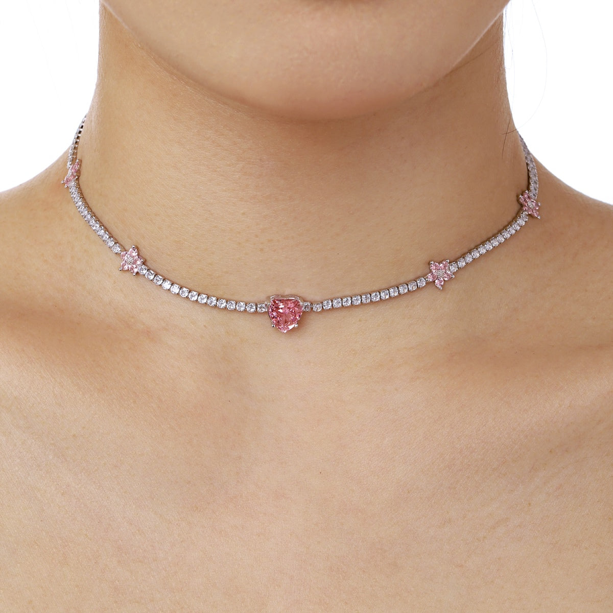 [Aurora]Dazzling Pink Heart Flower Necklace