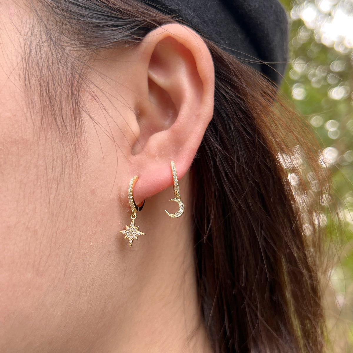 [Aurora]Star and Moon Asymmetric Earrings