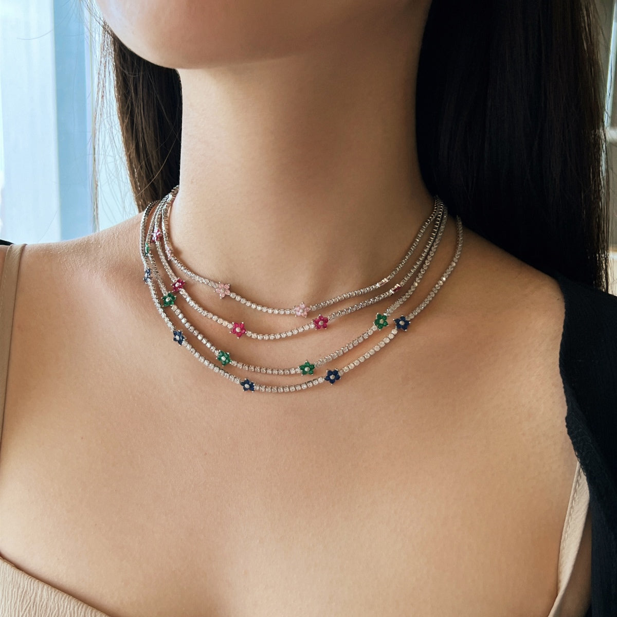 [Aurora]Luxurious Colorful Flower Tennis Necklace