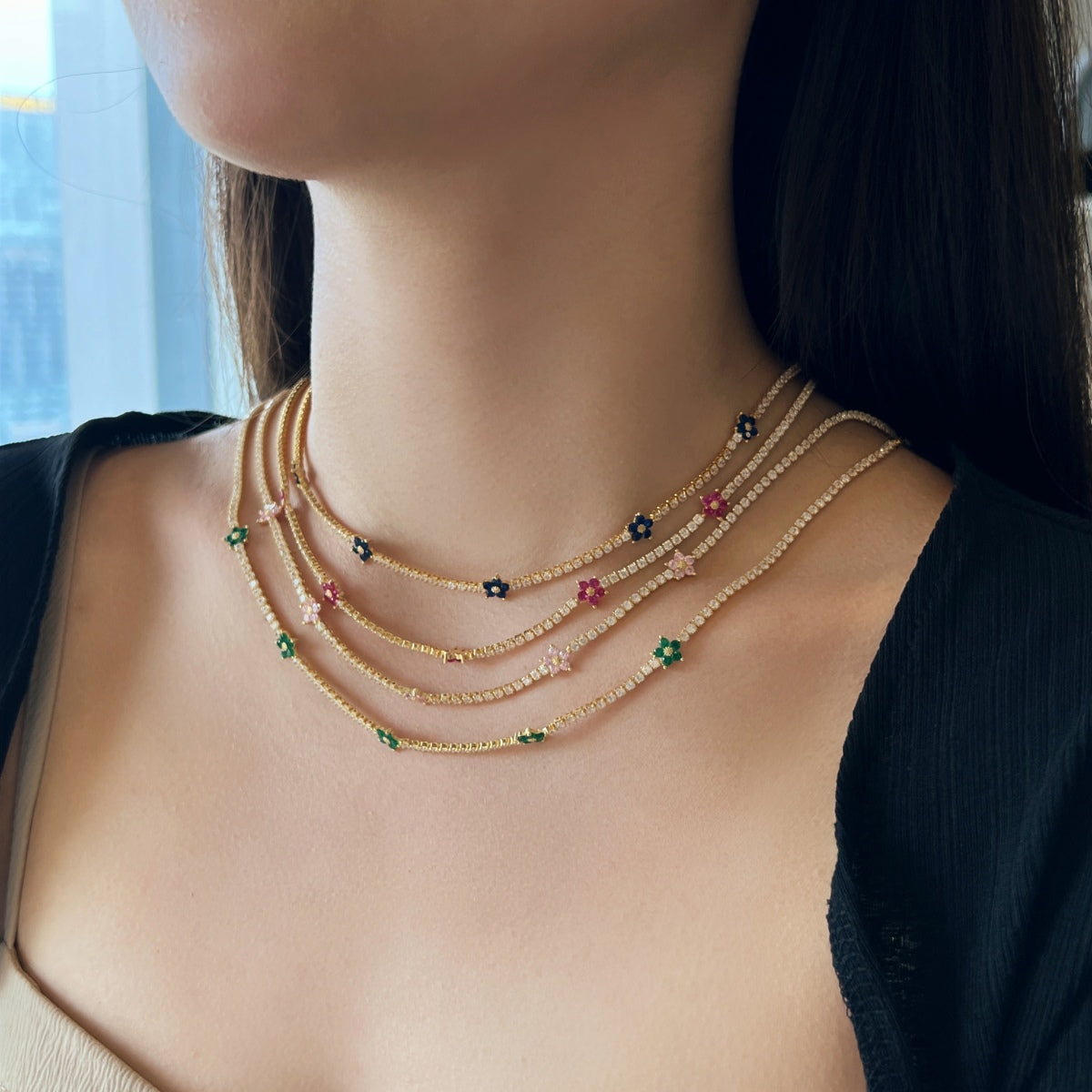 [Aurora]Luxurious Colorful Flower Tennis Necklace