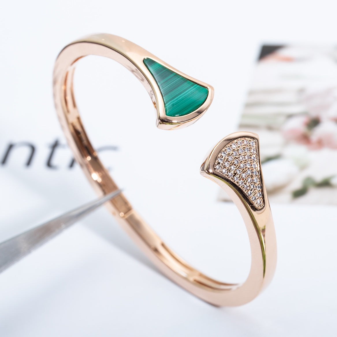 [AURORA]DREAM BRACELET OPEN MALACHITE PINK GOLD