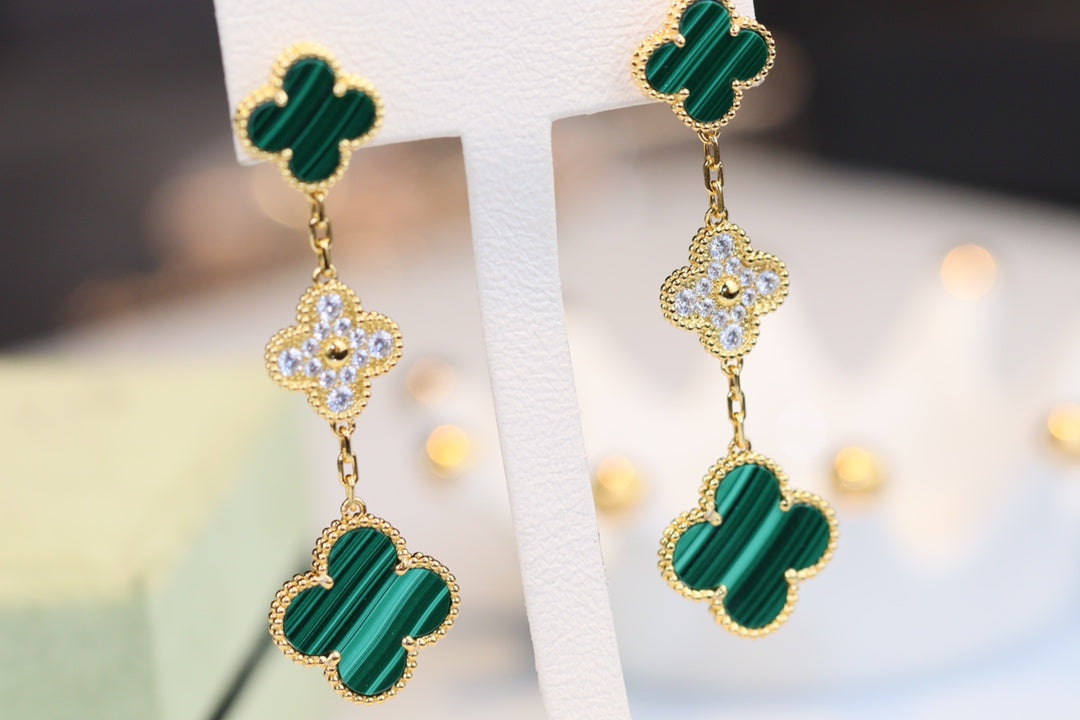 [Aurora]CLOVER EARRINGS GOLD MALACHITE DIAMOND 3 MOTIF