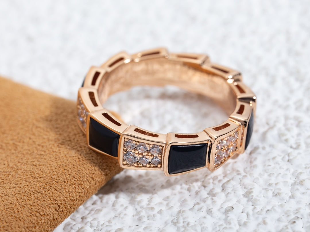 [Aurora]SERPENTI RING PINK GOLD BLACK MOP DIAMOND PAVED 4MM