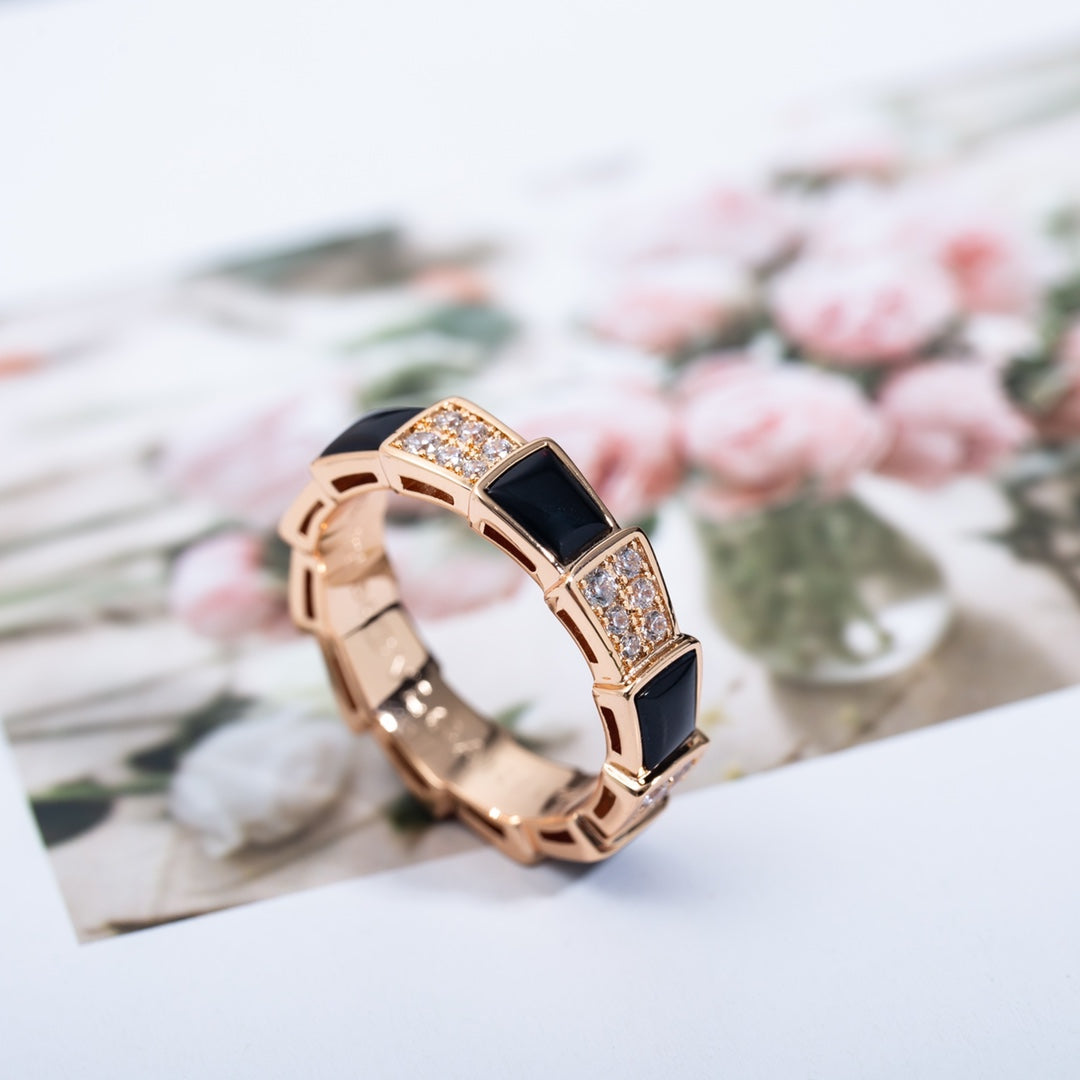 [Aurora]SERPENTI RING PINK GOLD BLACK MOP DIAMOND PAVED 4MM