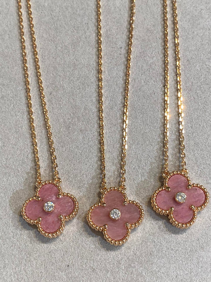[Aurora]CLOVER 15MM DIAMOND RHODONITE NECKLACE