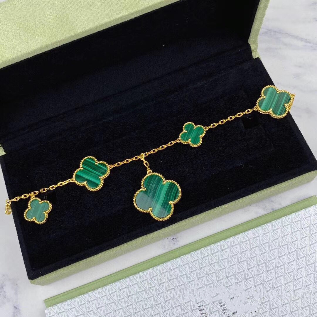 [AURORA]MAGIC CLOVER MALACHITE GOLD BRACELET 5 MOTIFS