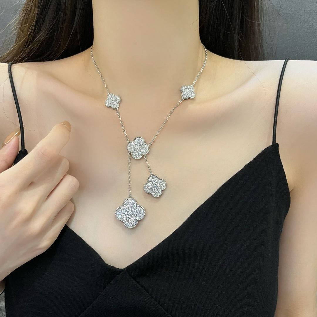 [Aurora]CLOVER 5 MOTIFS SILVER DIAMONDS NECKLACE