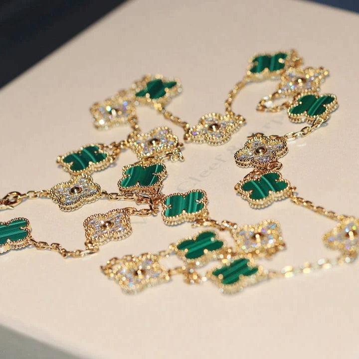 [Aurora]CLOVER 20 MOTIFS MALACHITE DIAMOND NECKLACE