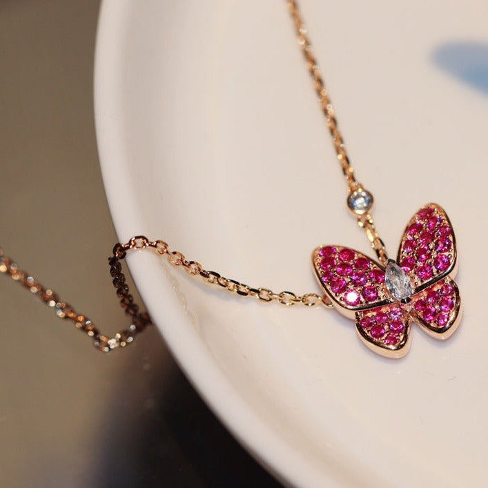 [Aurora]BUTTERFLY RED DIAMOND ROSE GOLD NECKLACE