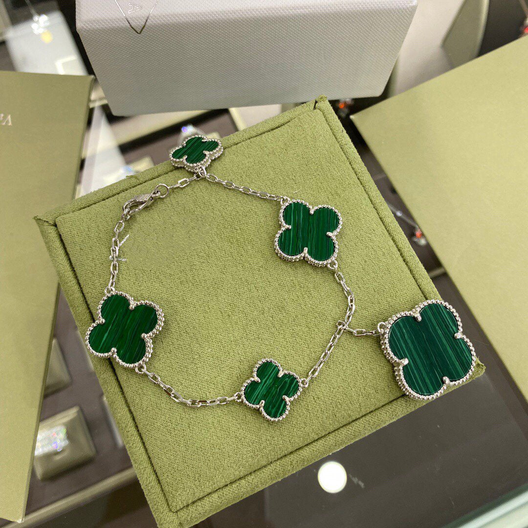 [Aurora]CLOVER 5 MOTIFS SIVLER MALACHITE BRACELET