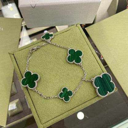 [Aurora]CLOVER 5 MOTIFS SIVLER MALACHITE BRACELET