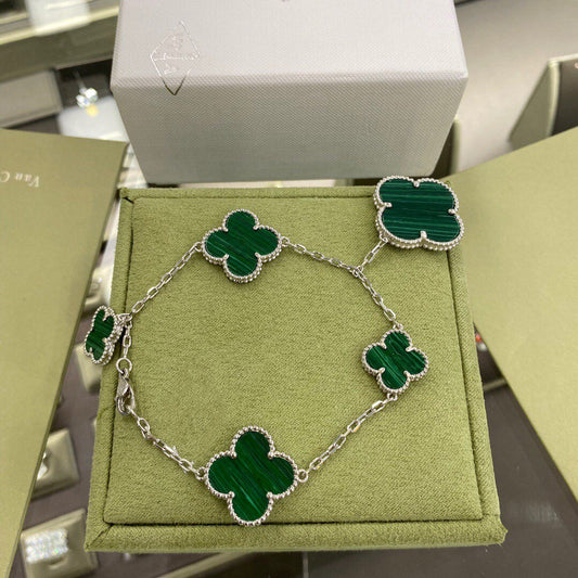 [Aurora]CLOVER 5 MOTIFS SIVLER MALACHITE BRACELET