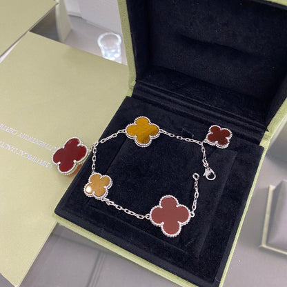 [AURORA]CLOVER 5 MOTIFS SIVLER CARNELIAN TIGER EYE BRACELET