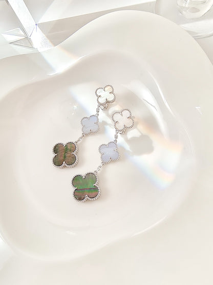 [Aurora]CLOVER 3 MOTIFS CHALCEDONY DARK MOP SILVER EARRINGS