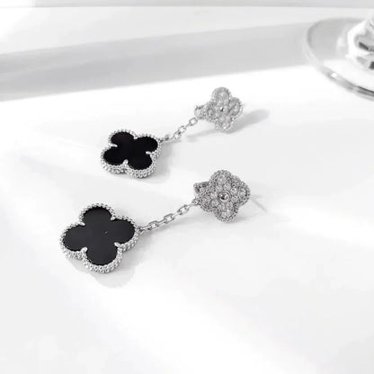 [Aurora]CLOVER 2 MOTIFS  DIAMOND ONYX EARRINGS SILVER