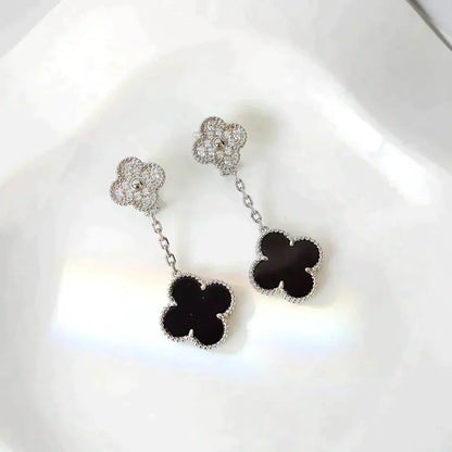 [Aurora]CLOVER 2 MOTIFS  DIAMOND ONYX EARRINGS SILVER