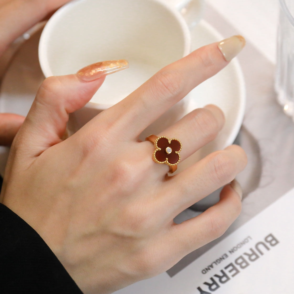 [Aurora]CLOVER CARNELIAN RING ROSE GOLD DIAMOND