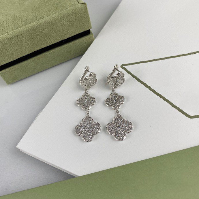 [Aurora]CLOVER 3 MOTIF DIAMOND SILVER DROP EARRINGS