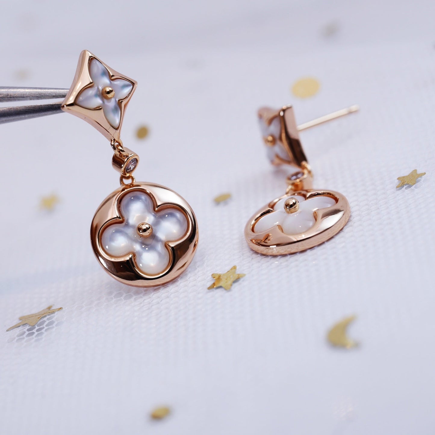 [Aurora]STAR AND SUN PINK GOLD MOP DROP EARRINGS