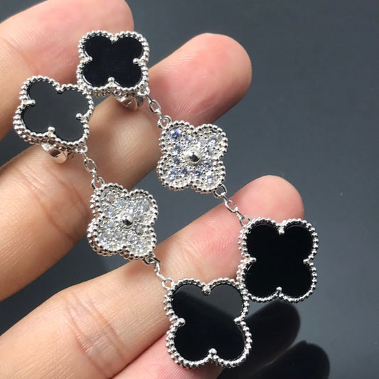 [Aurora]CLOVER 3 MOTIF DIAMOND ONYX SILVER EARRINGS