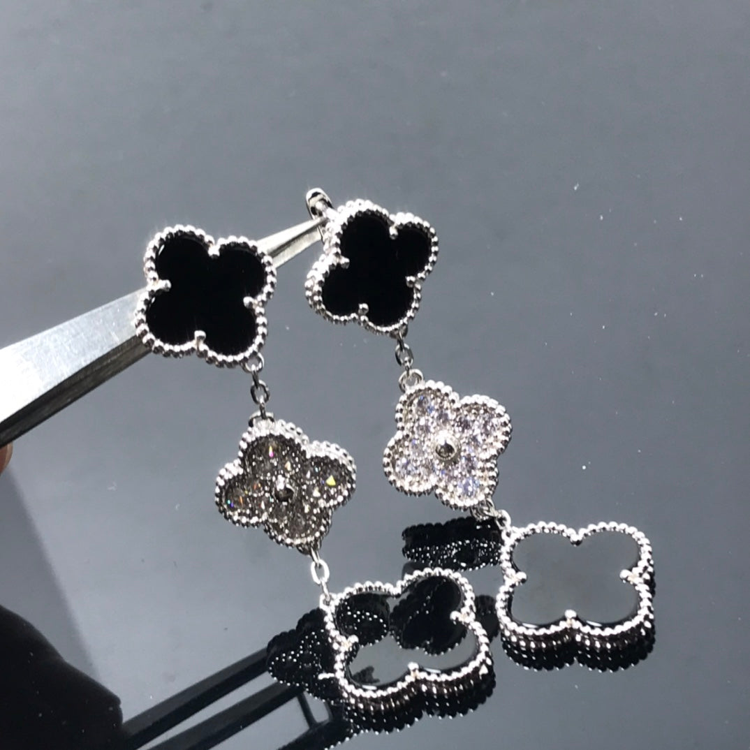 [Aurora]CLOVER 3 MOTIF DIAMOND ONYX SILVER EARRINGS