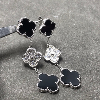 [Aurora]CLOVER 3 MOTIF DIAMOND ONYX SILVER EARRINGS