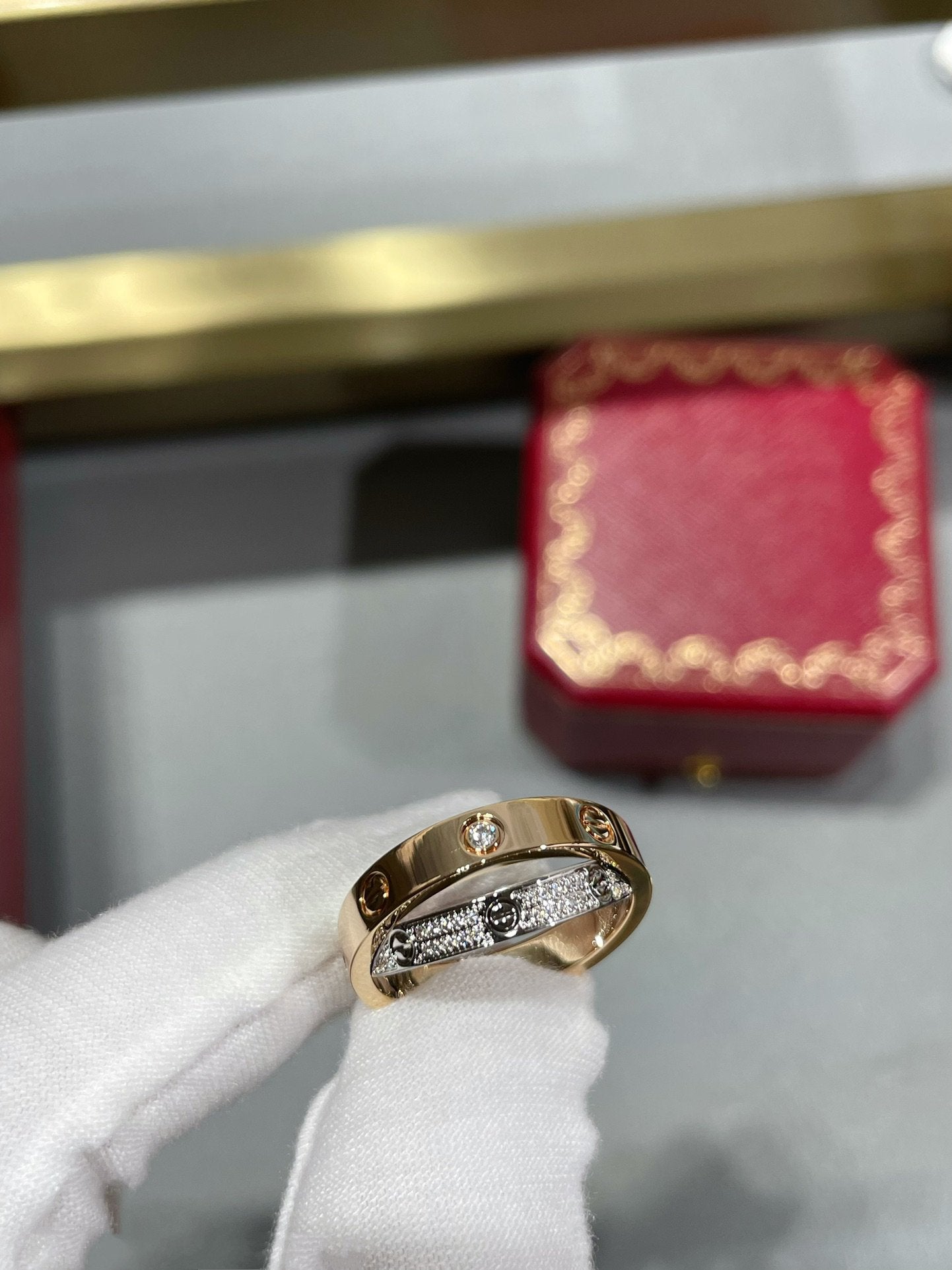 [Aurora]LOVE PINK GOLD SILVER DIAMOND DOUBLE RING