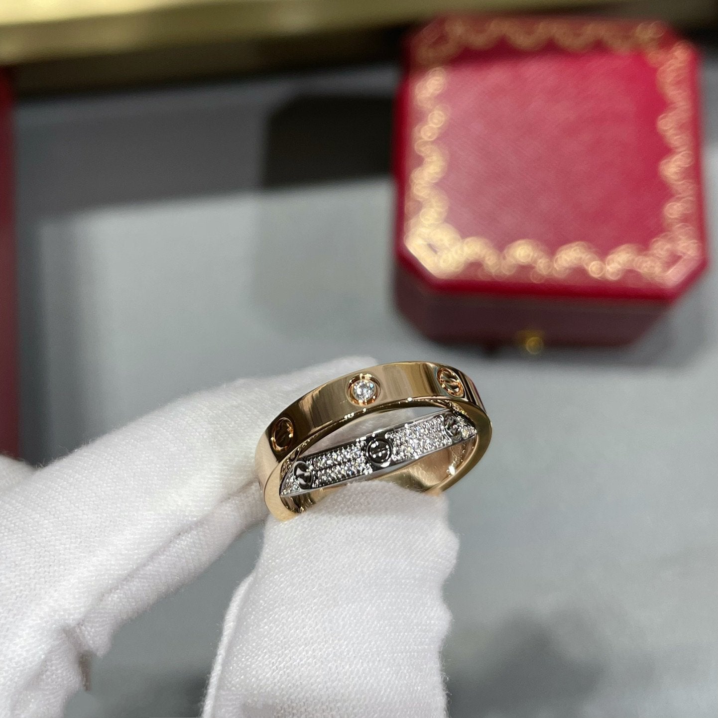 [AURORA]LOVE PINK GOLD SILVER DIAMOND DOUBLE RING