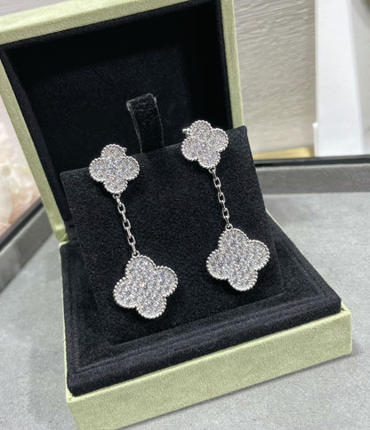 [Aurora]CLOVER 2 MOTIFS DIAMOND PAVED SILVER EARRINGS