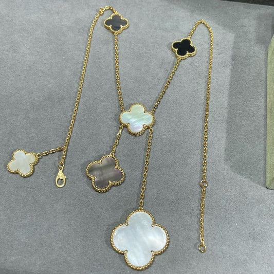 [Aurora]CLOVER 6 MOTIF MOP ONYX GOLD NECKLACE