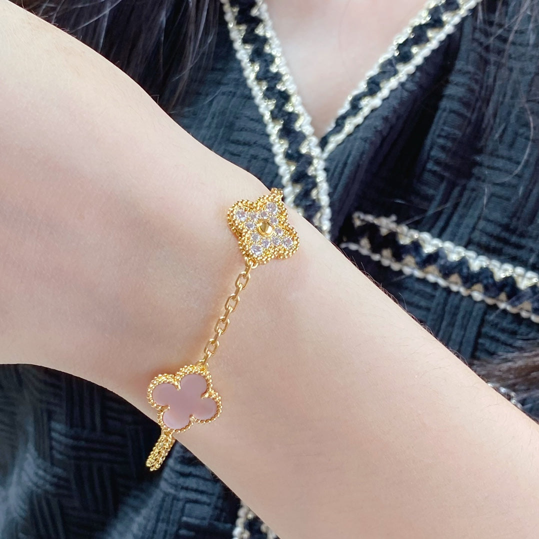 [Aurora]CLOVER 5 MOTIF DIAMOND PINK MOP PINK GOLD BRACELET