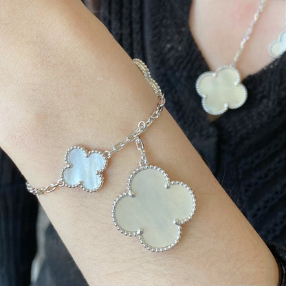[AURORA]CLOVER 5 MOTIF WHITE MOP SILVER BRACELET