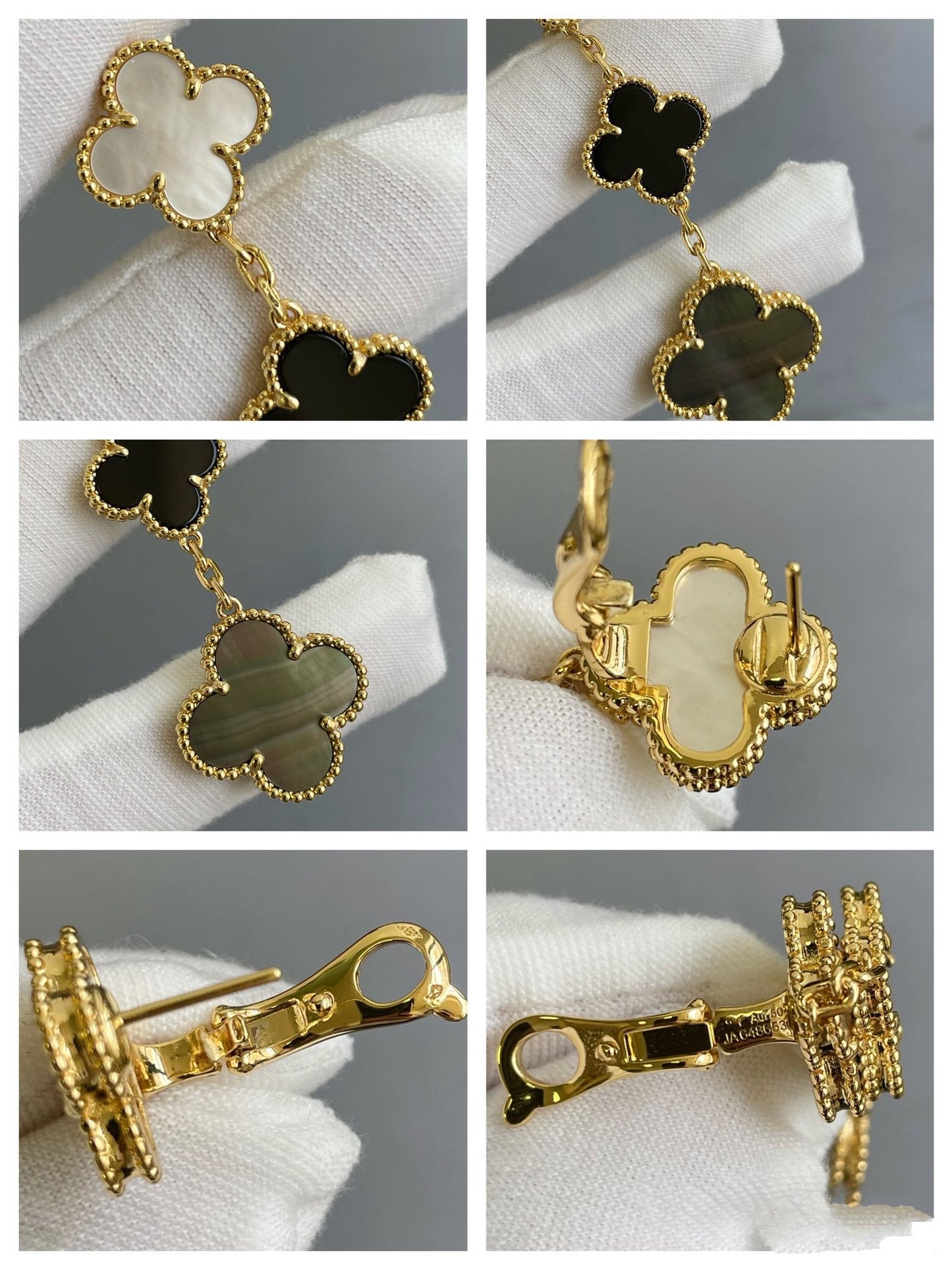 [Aurora]CLOVER 3 MOTIF MOP ONYX DARK MOP PINK GOLD EARRINGS