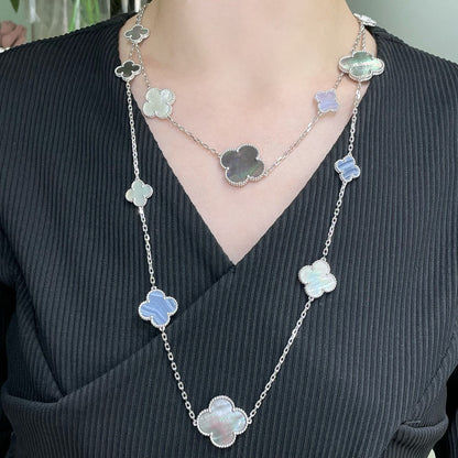 [Aurora]CLOVER 16 MOTIF CHALCEDONY MOP SILVER NECKLACE