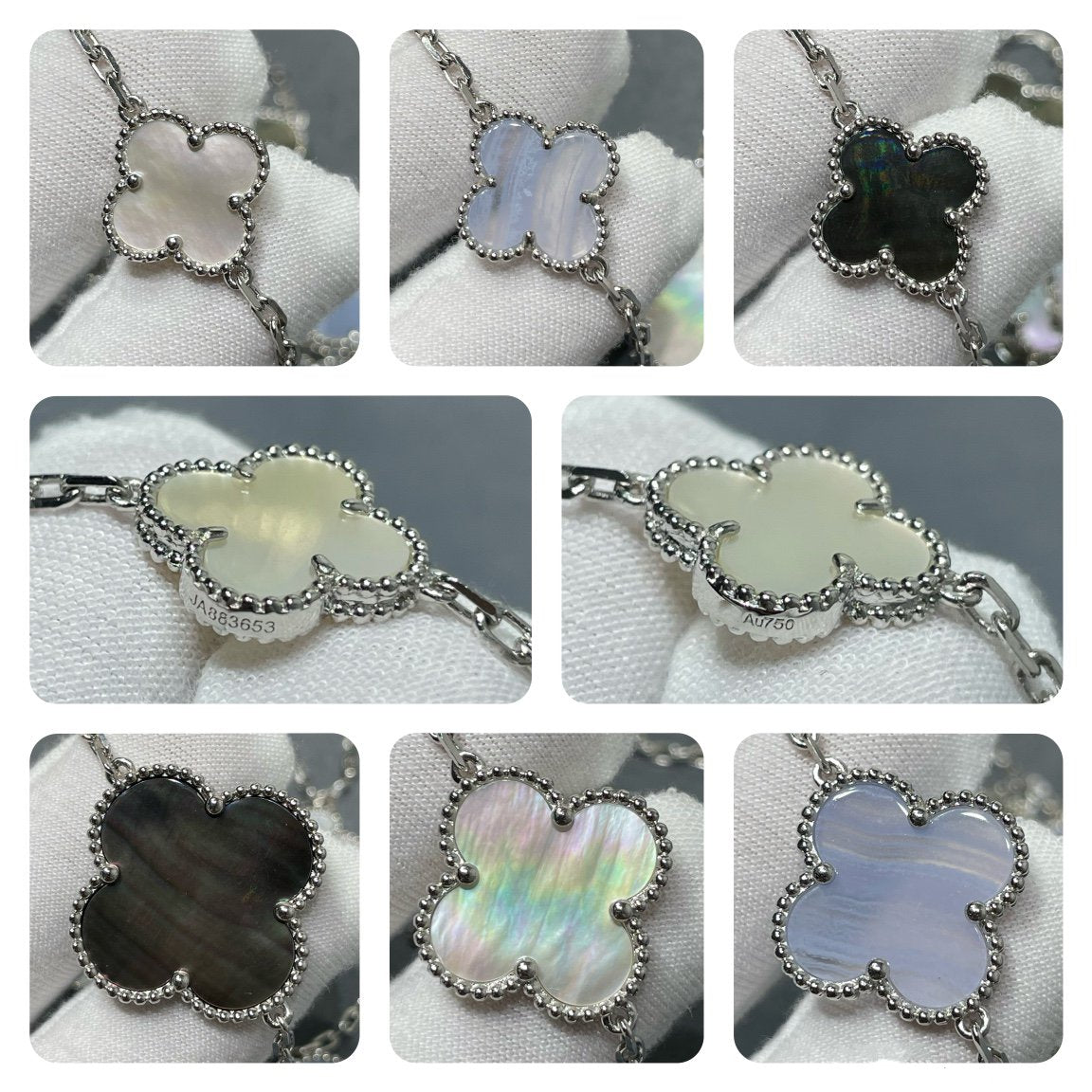 [Aurora]CLOVER 16 MOTIF CHALCEDONY MOP SILVER NECKLACE