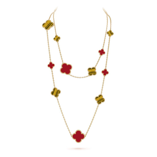 [Aurora]CLOVER 16 MOTIF CARNELIAN TIGER EYE ROSE GOLD NECKLACE