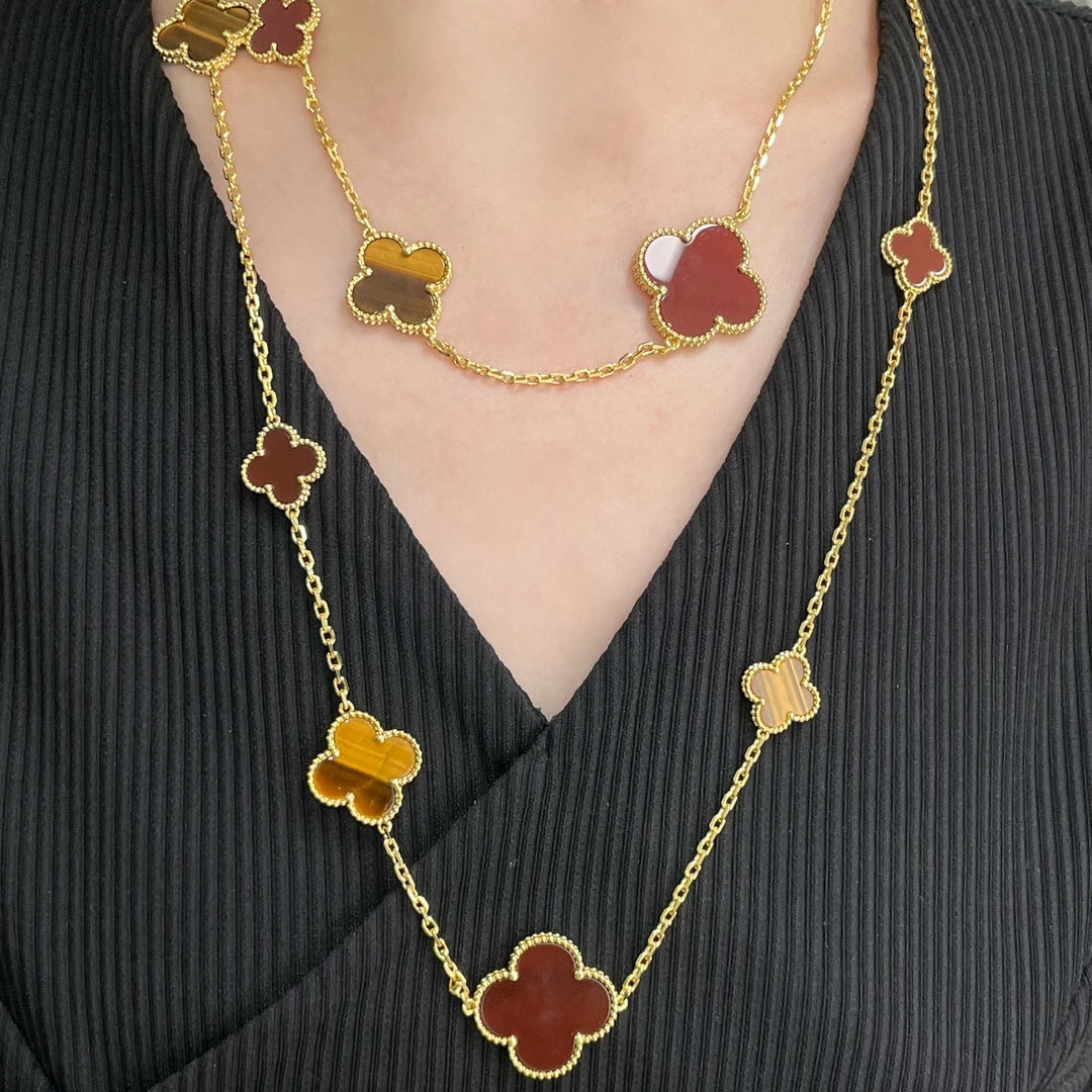 [Aurora]CLOVER 16 MOTIF CARNELIAN TIGER EYE ROSE GOLD NECKLACE