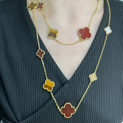 [Aurora]CLOVER 16 MOTIF CARNELIAN TIGER EYE ROSE GOLD NECKLACE