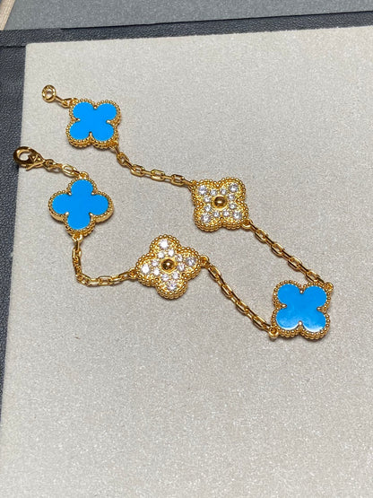 [Aurora]CLOVER 5 MOTIF BLUE CHALCEDONY DIAMOND GOLD BRACELET