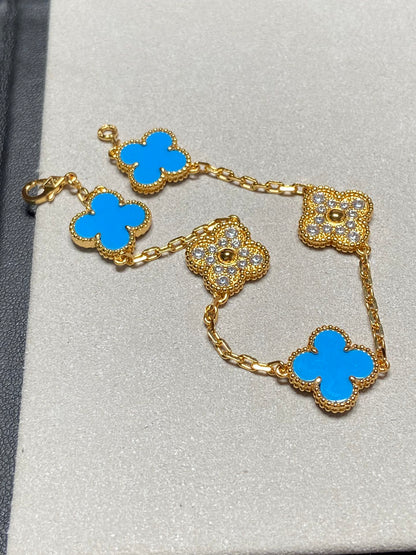 [Aurora]CLOVER 5 MOTIF BLUE CHALCEDONY DIAMOND GOLD BRACELET