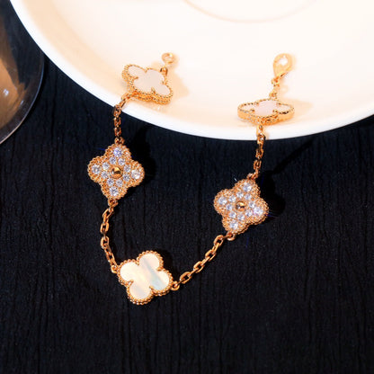 [AURORA]CLOVER BRACELET 5 MOTIF WHITE MOP DIAMOND